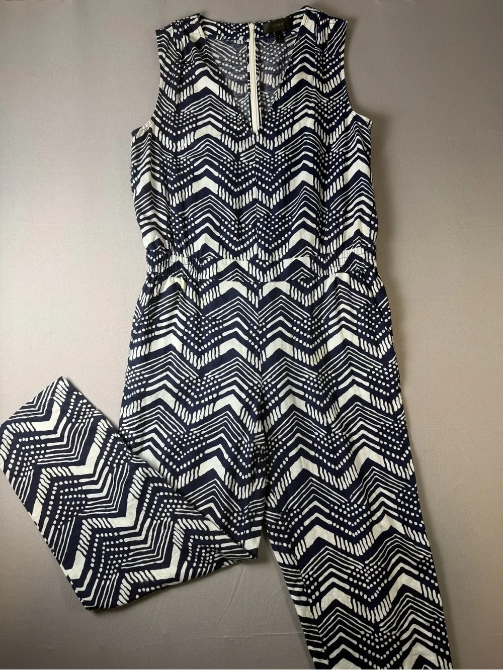 J. Crew Navy & White Chevron Linen and Cotton Jumpsuit Size 2 Elastic Waist NWOT